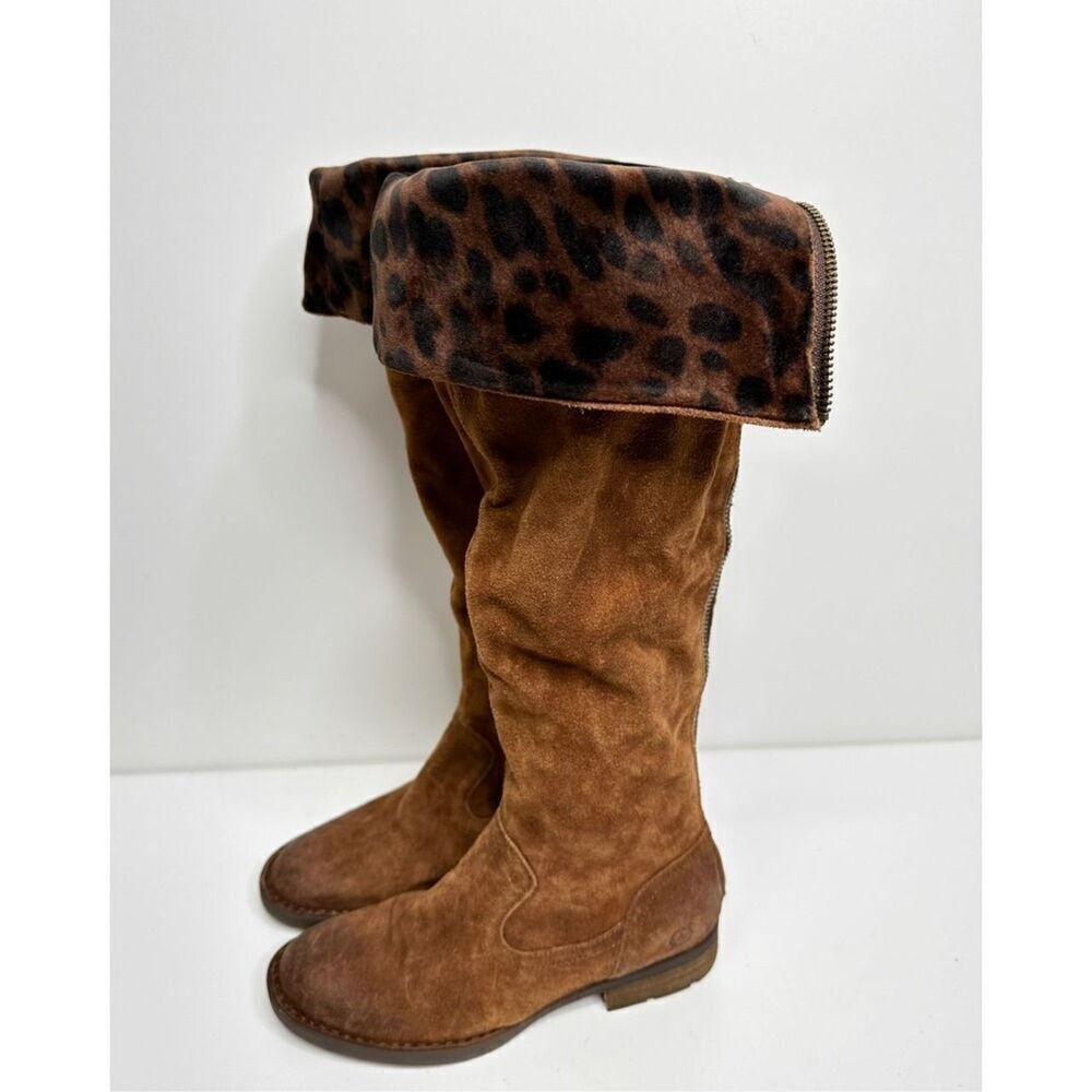 Born Malena‎ Tan Suede Leopard Print Cuff Tall Boots Back Zip 5.5M - Picture 4 of 9